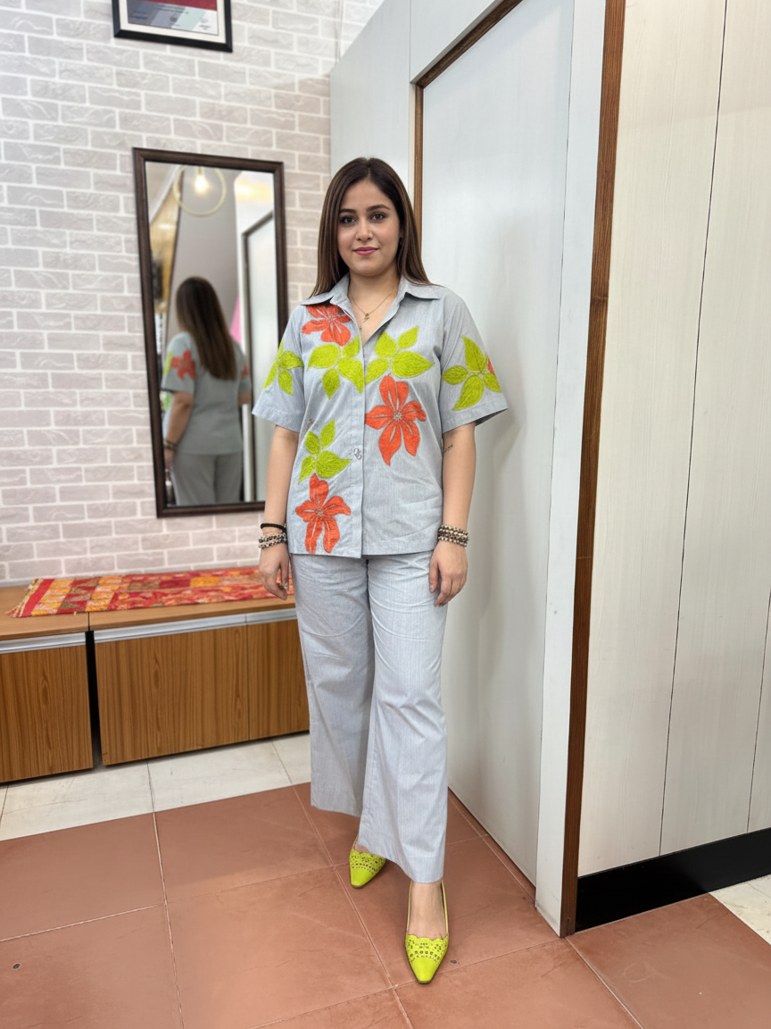 The Elegant Linen Co-Ord: Featuring Intricate Appliqué Detailing