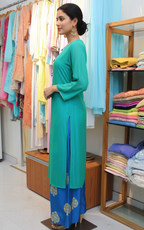 Emerald Green Crepe Kurta with Resham Embroidery and Royal Blue Brocade Pants