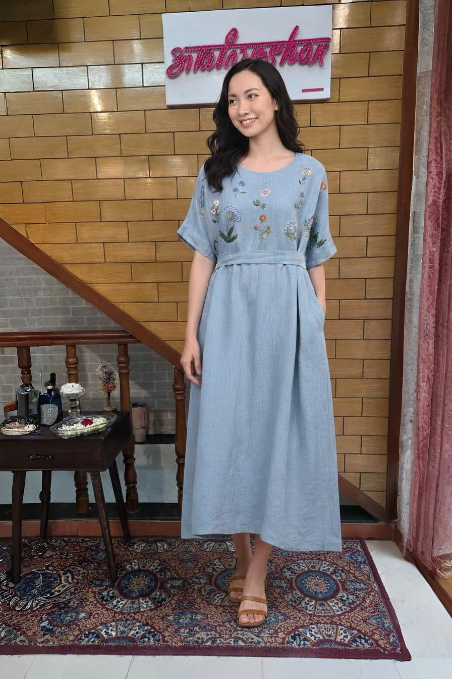 Sky Blue Floral Embroidered A-Line Midi Dress