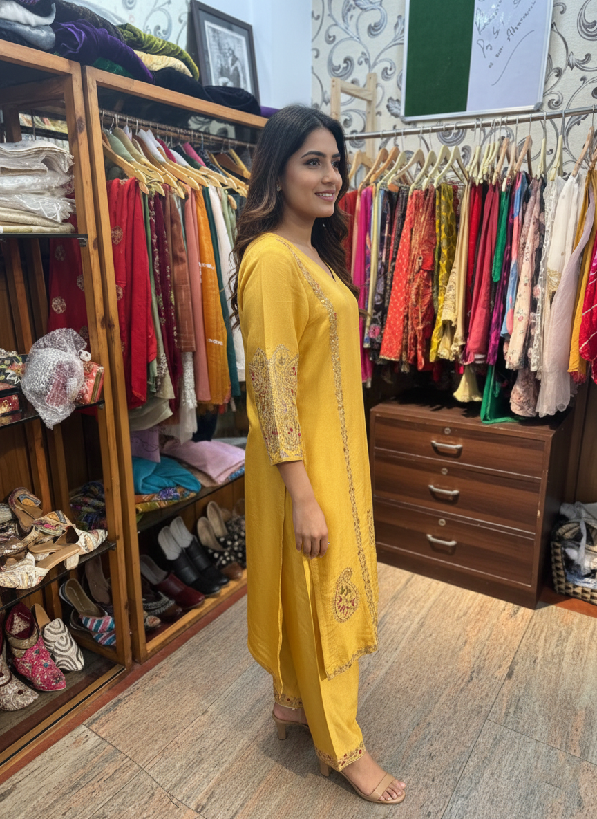 Mustard Aari Work Embroidered Pant Suit