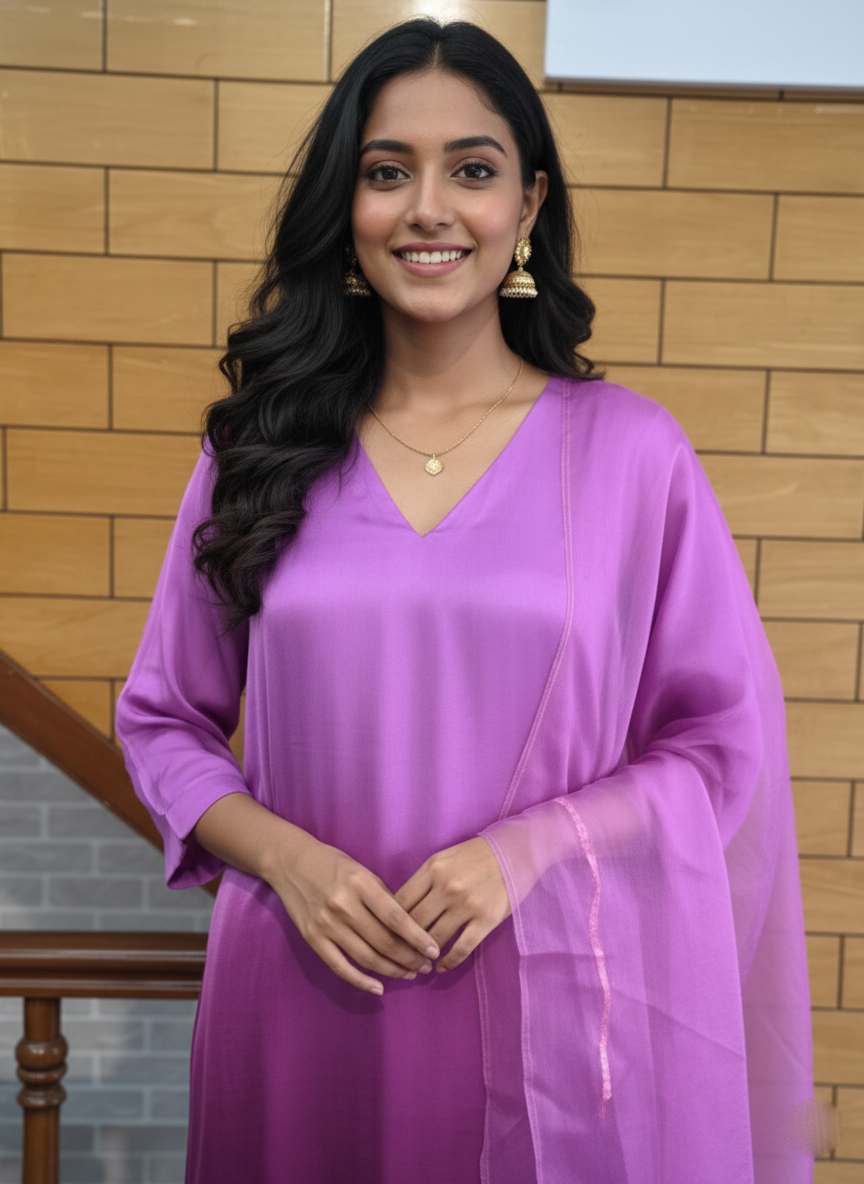 Handcrafted Ombre Modal Satin Suit with Cut Work