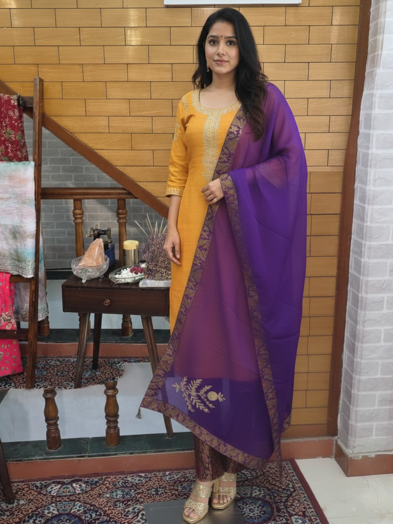 Raw silk suit with Brocade pants & Organza Dupptta