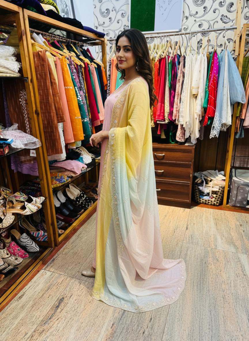 Blush Pink Crepe Zardozi Embroidered Sharara Suit with Pastel Organza Dupatta