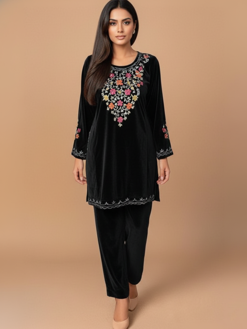 Hand-Embroidered Resham Silk Velvet Suit