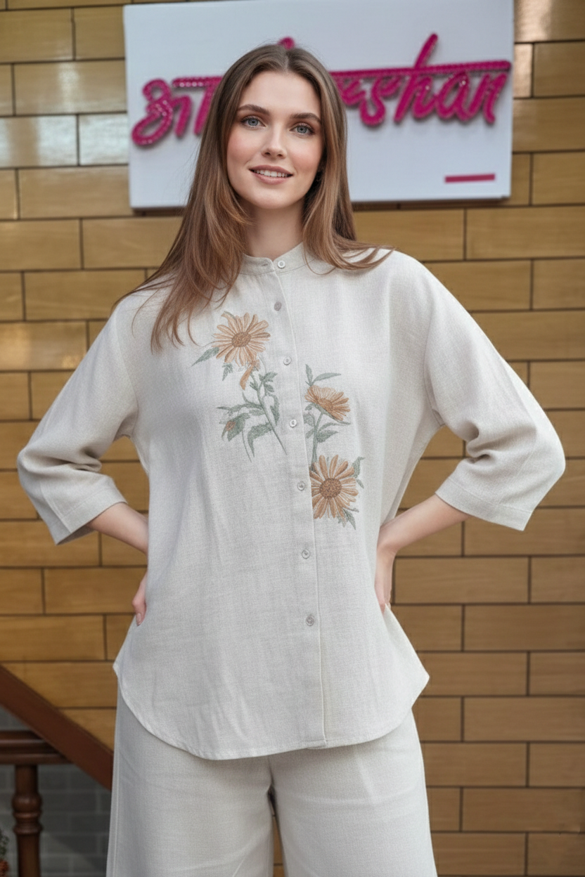 Beige Bloom Linen Co-Ord Set