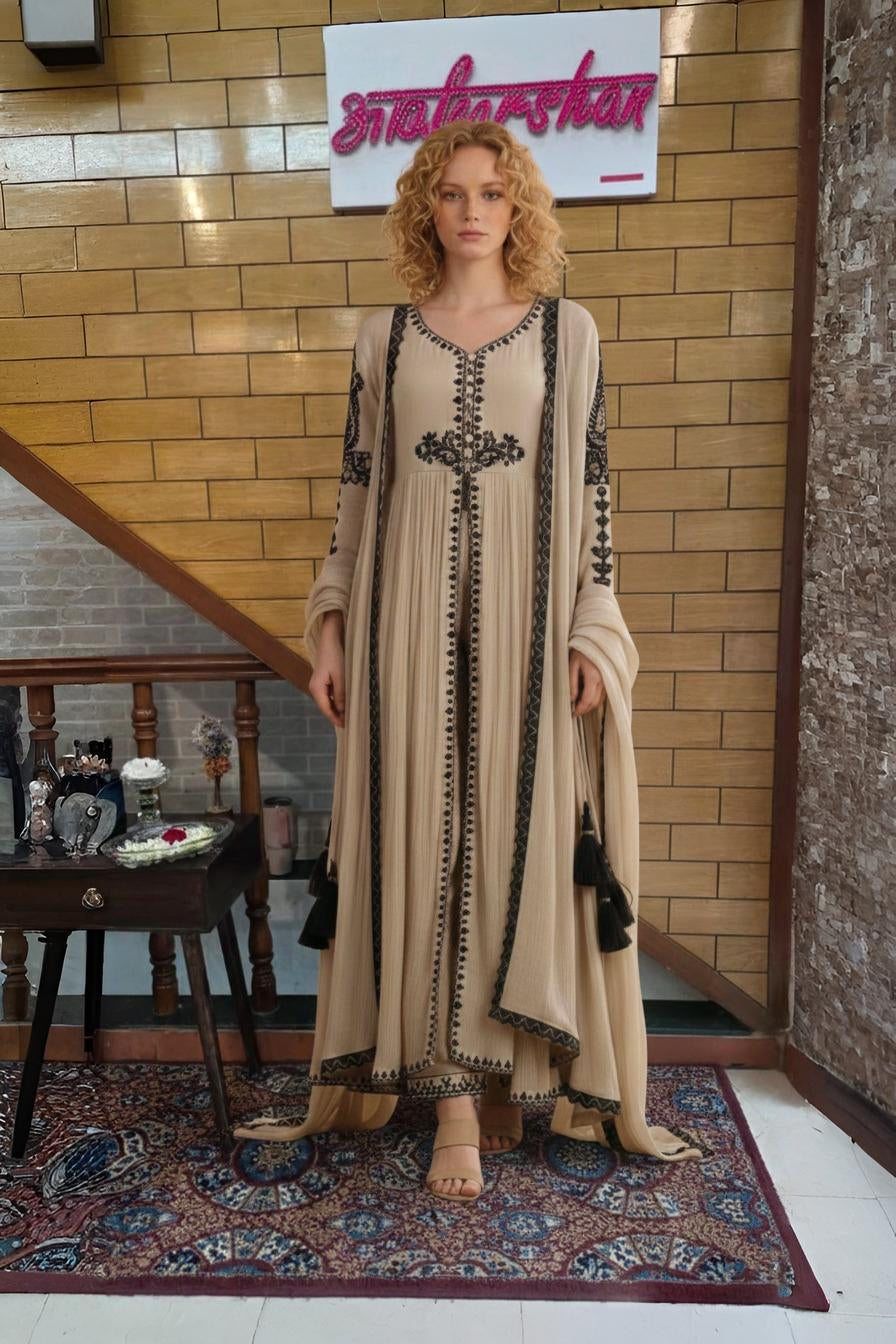 Beige Front-Cut Suit with Black Embroidery & Tassel Dupatta