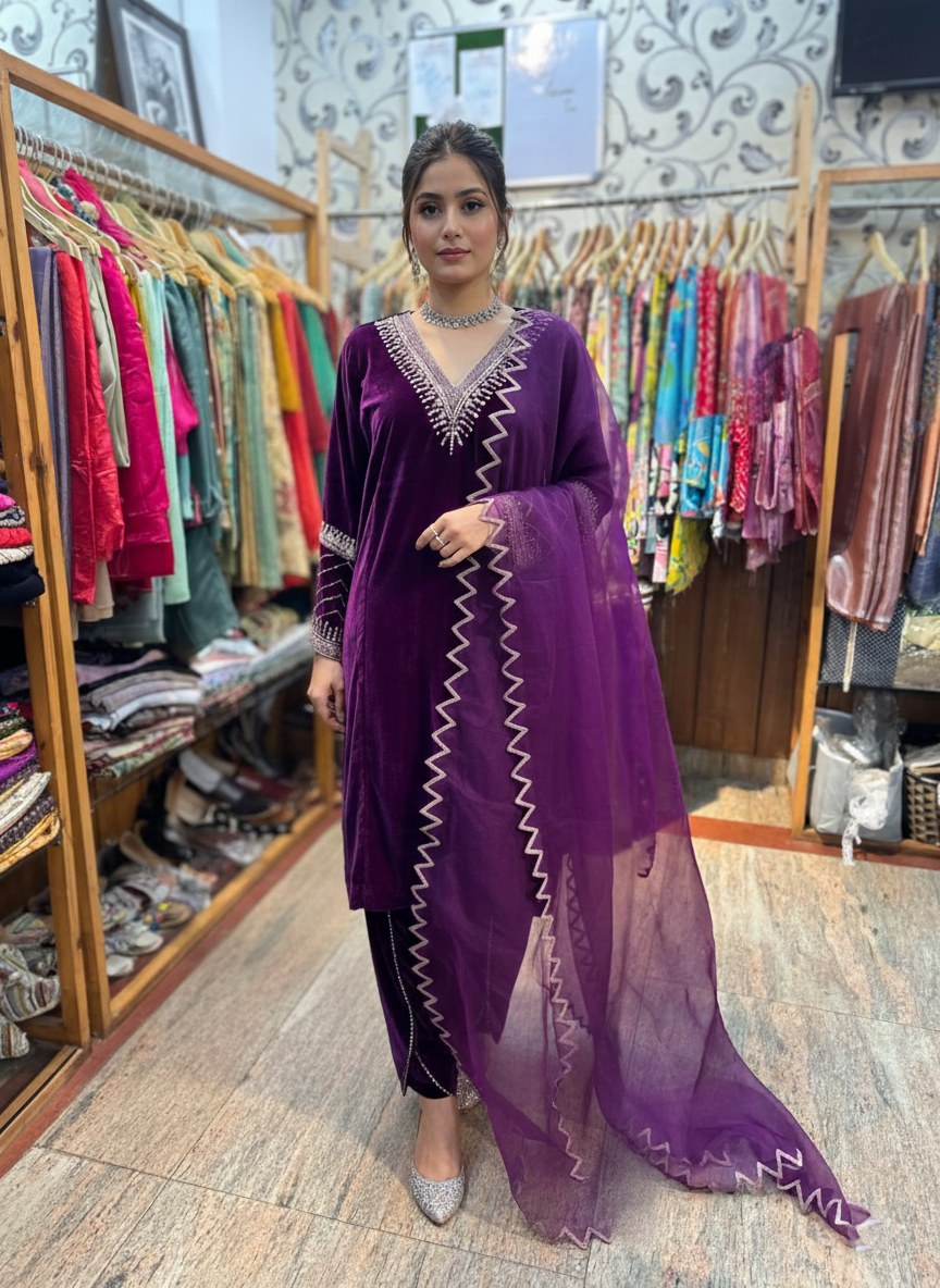 Silk Velvet Dhoti Suit with Organza Dupatta and Heavy Zardozi Work