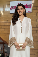 Ivory Satin Kurta Set with Antique Gold Lace Detailing