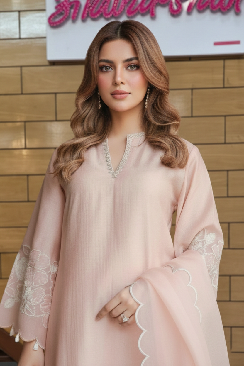 Blush Pink Embroidered Kurta Set with Scalloped Dupatta & Straight Pants