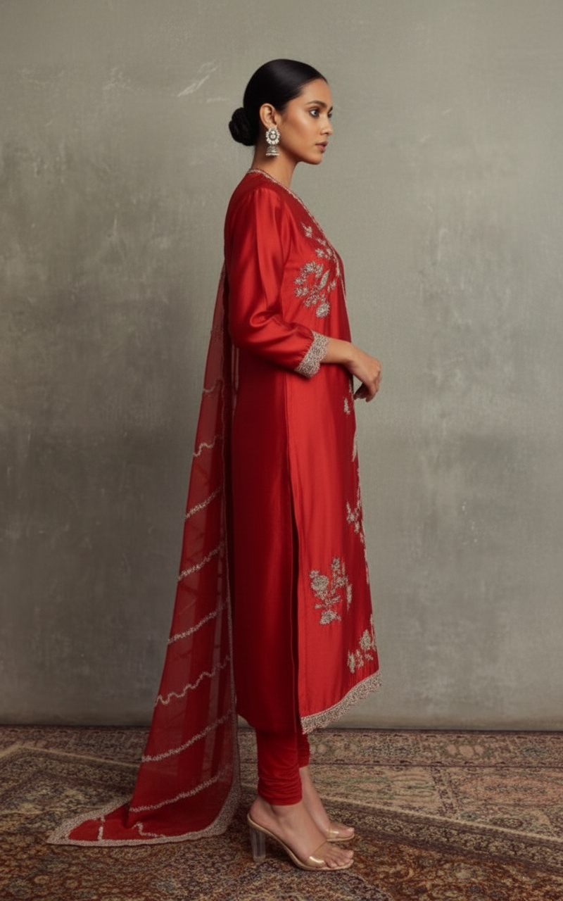 Satin Silk Suit with Churidaar and Zardozi Work