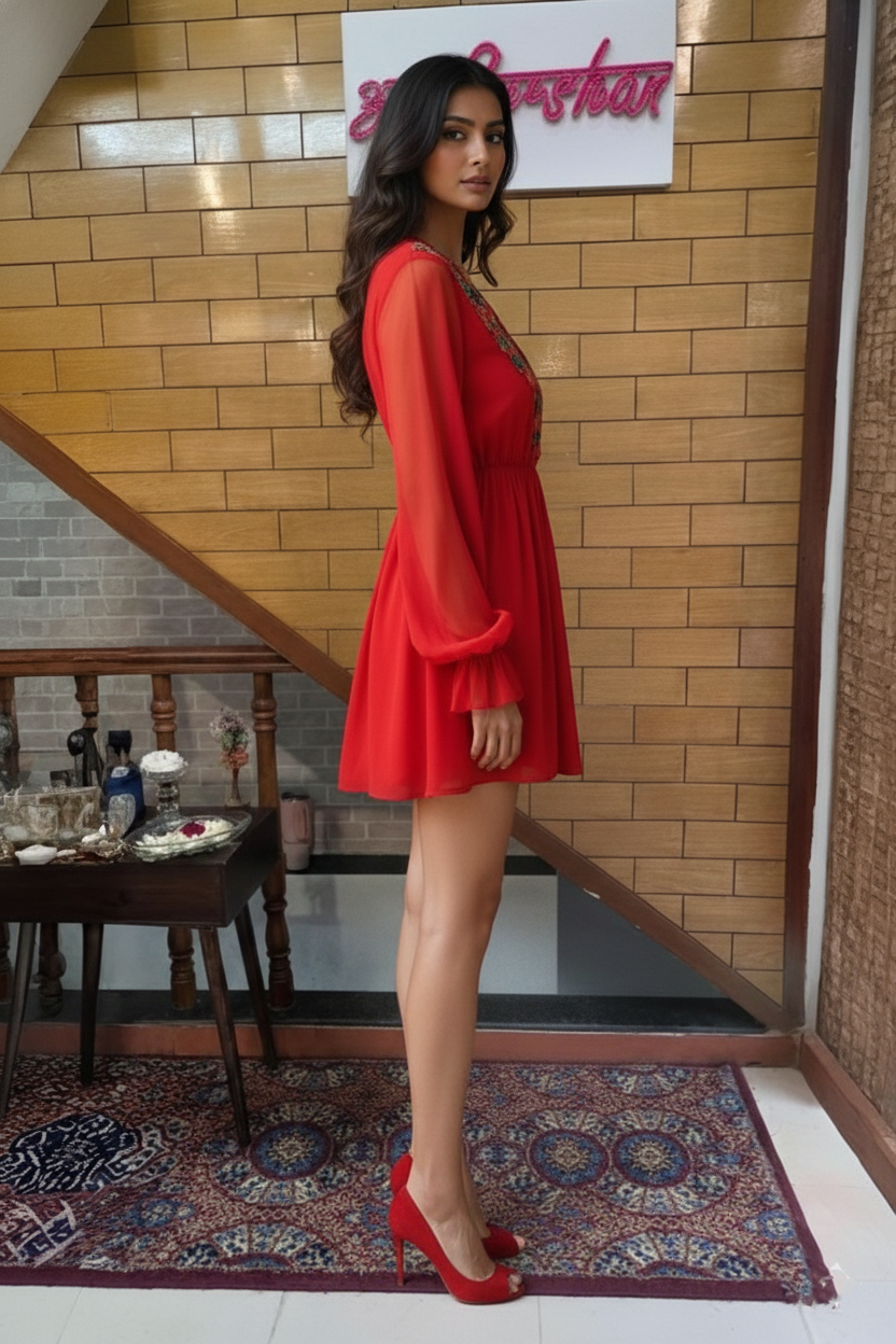 Red Chiffon Mini Dress with Embroidered Neckline