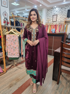 Silk Velvet Suit with Organza Dupatta and Zardozi Embroidery