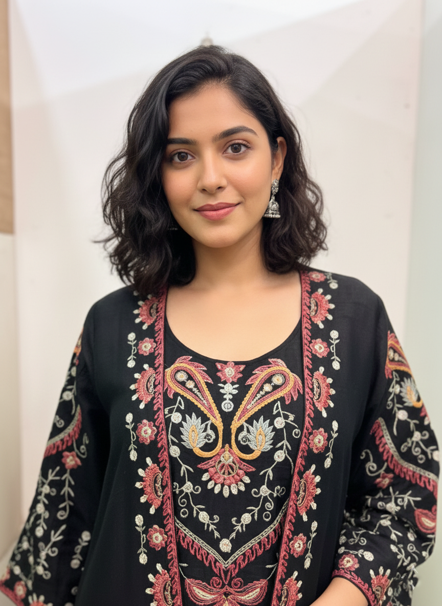 Resham Embroidered Raw Silk Jacket Blouse and Pants Set