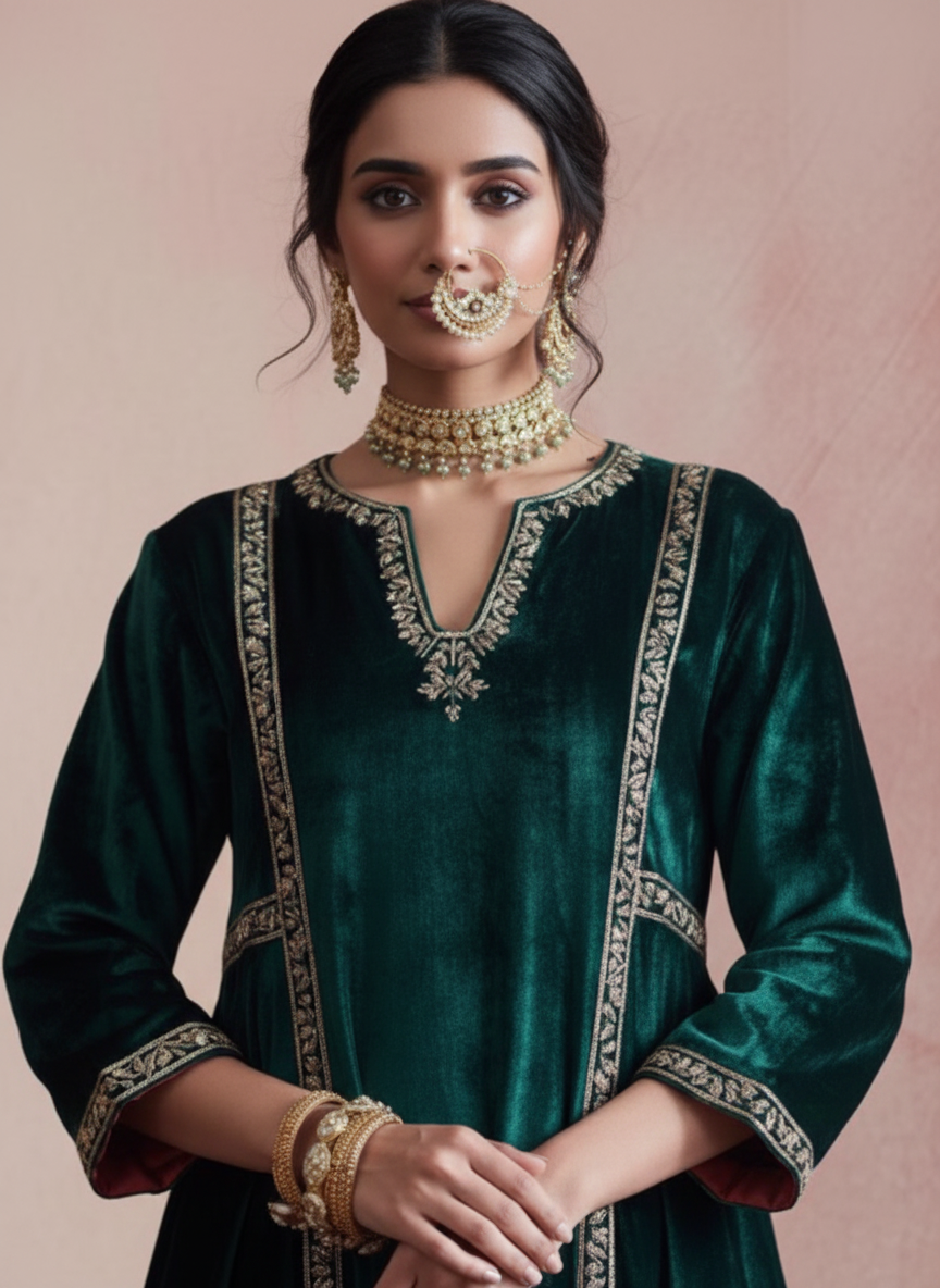 Silk Velvet Suit with Resham & Cutdana Embroidery