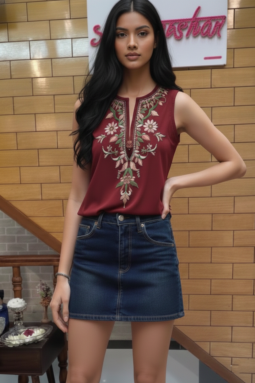 Maroon Sleeveless Top with Floral Embroidery