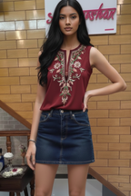 Maroon Sleeveless Top with Floral Embroidery