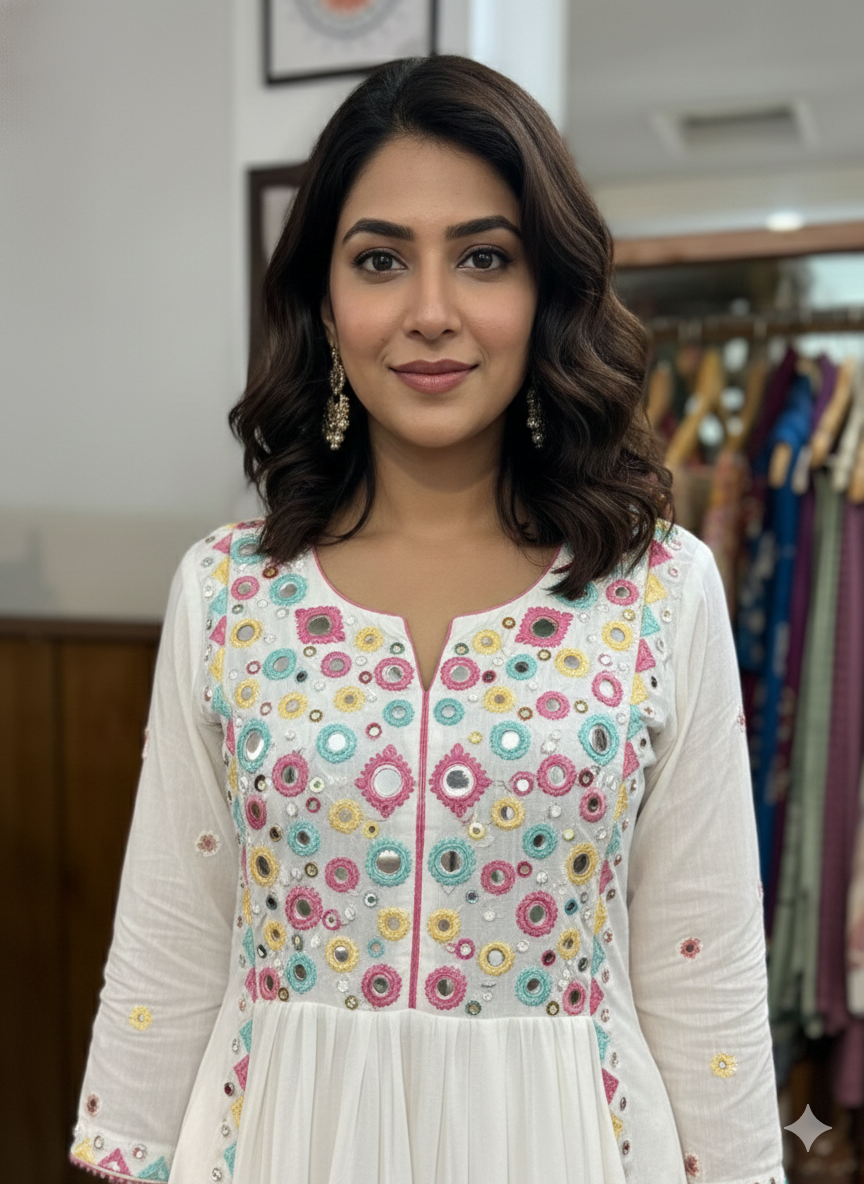 Mirror Work Embroidered Georgette Anarkali Set