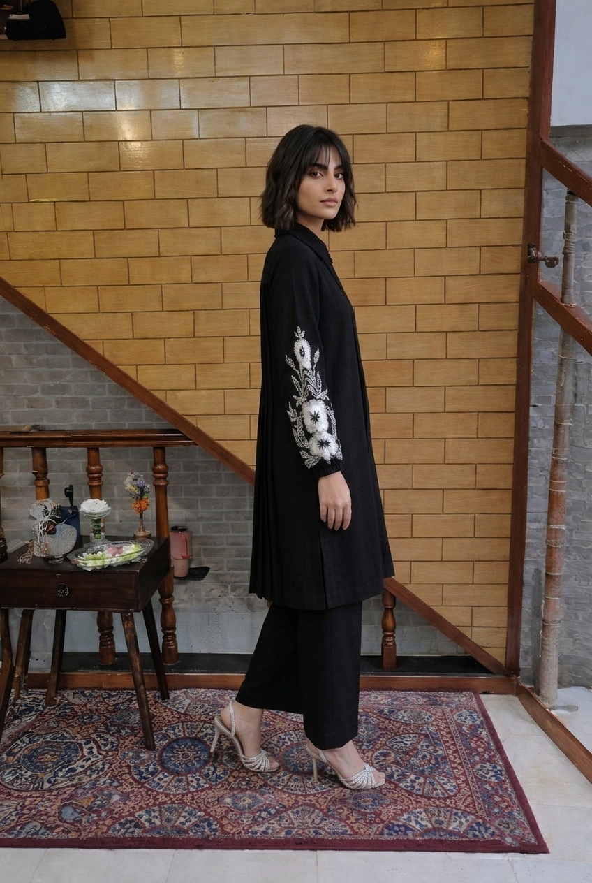 Classic Black Two-Piece Set with Contrast Cuff Detailing