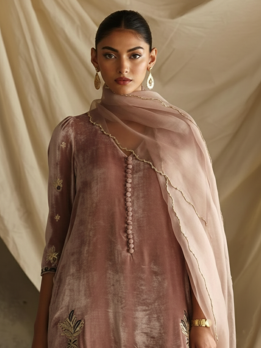 Contrasting Velvet and Silk Zardozi Ensemble