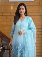 Sky Blue Ombre Silk Kurta Set with Organza Dupatta and Delicate Pearl Work