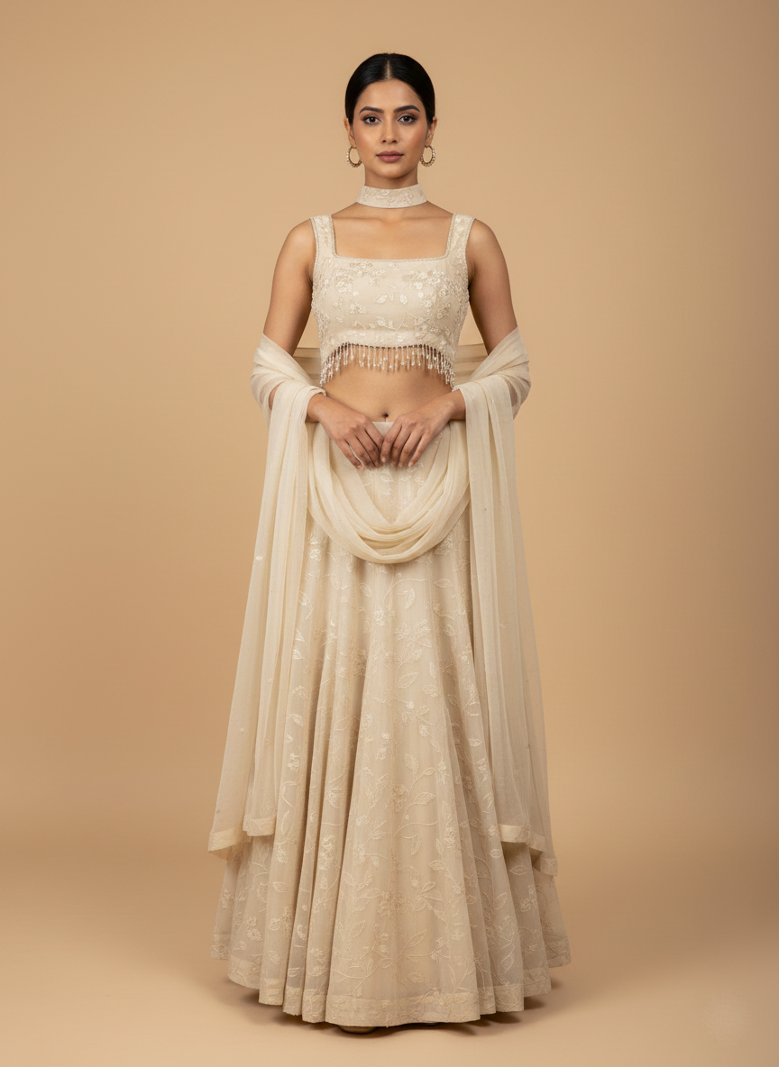 Elegant Embroidered Georgette Skirt, Blouse, and Ban Dupatta Set