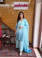 Sky Blue Ombre Silk Kurta Set with Organza Dupatta and Delicate Pearl Work