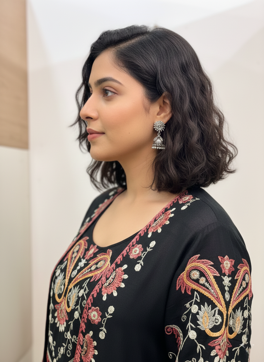 Resham Embroidered Raw Silk Jacket Blouse and Pants Set