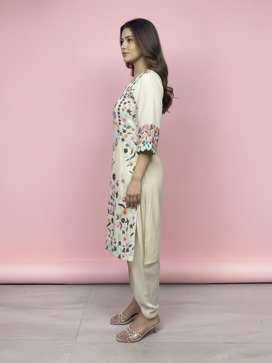 Handcrafted Cotton Aari Work Suit Set with Floral Embroidery