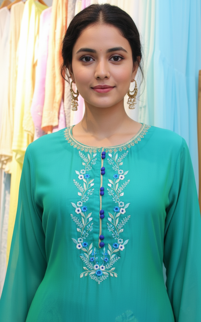 Emerald Green Crepe Kurta with Resham Embroidery and Royal Blue Brocade Pants