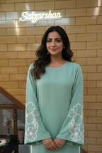 Mint Green Floral Appliqué Kurta with Ivory Wide-Leg Pants Set