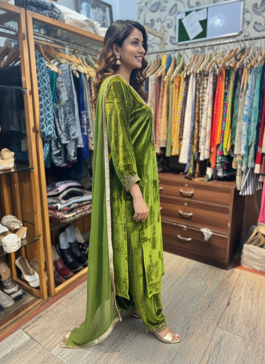 Velvet Pakistani Suit with Opulent Zardozi Embroidery