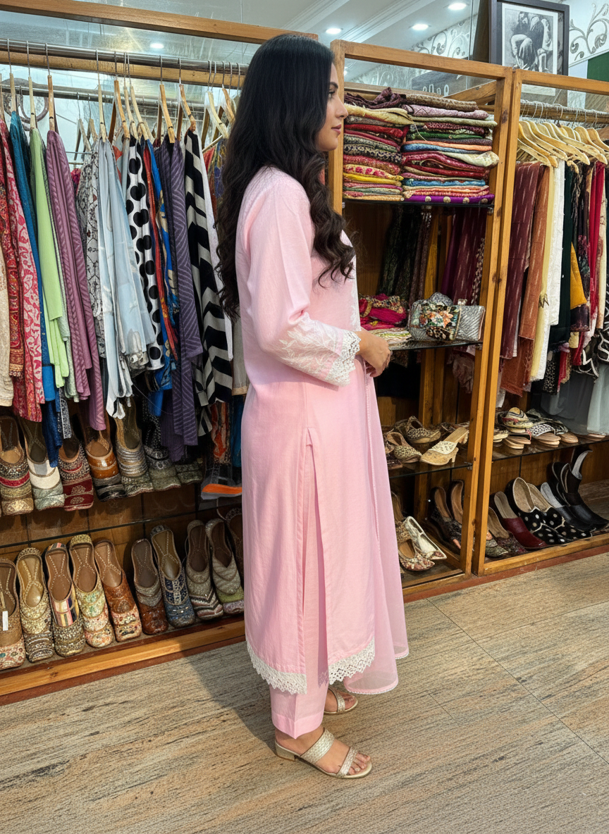 Blush Pink Cotton Pants Suit with Resham Aari Work