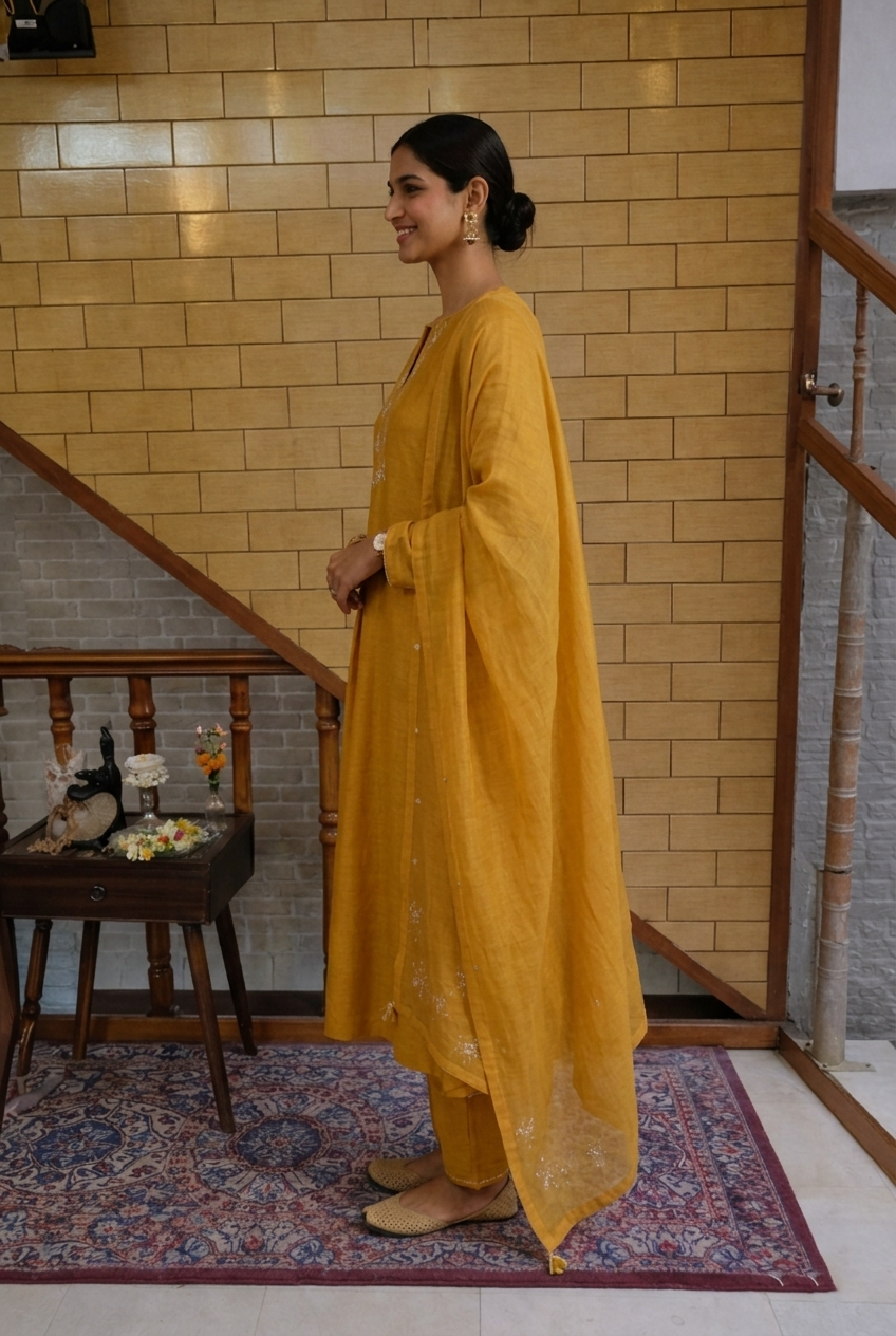 Golden Mustard Ethnic Wear Set with Delicate Thread Work