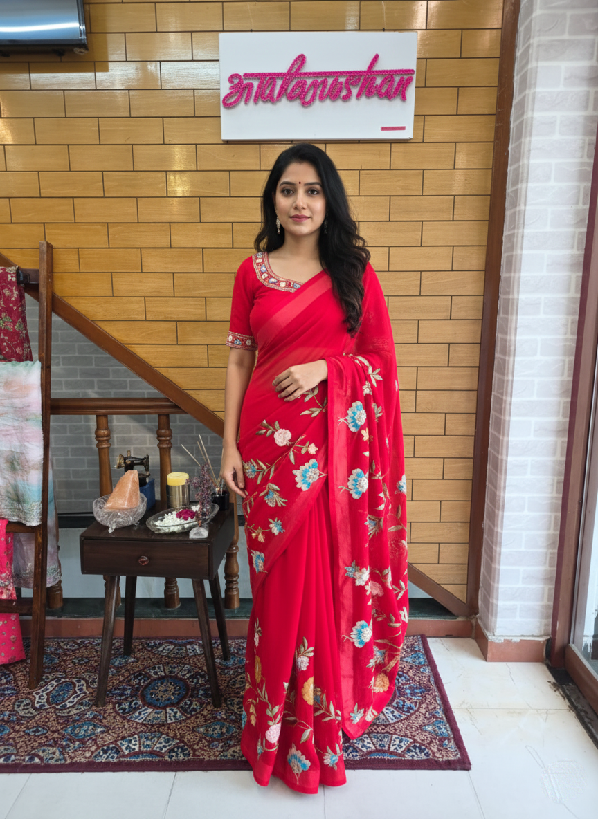 Resham Work Georgette Designer Saree