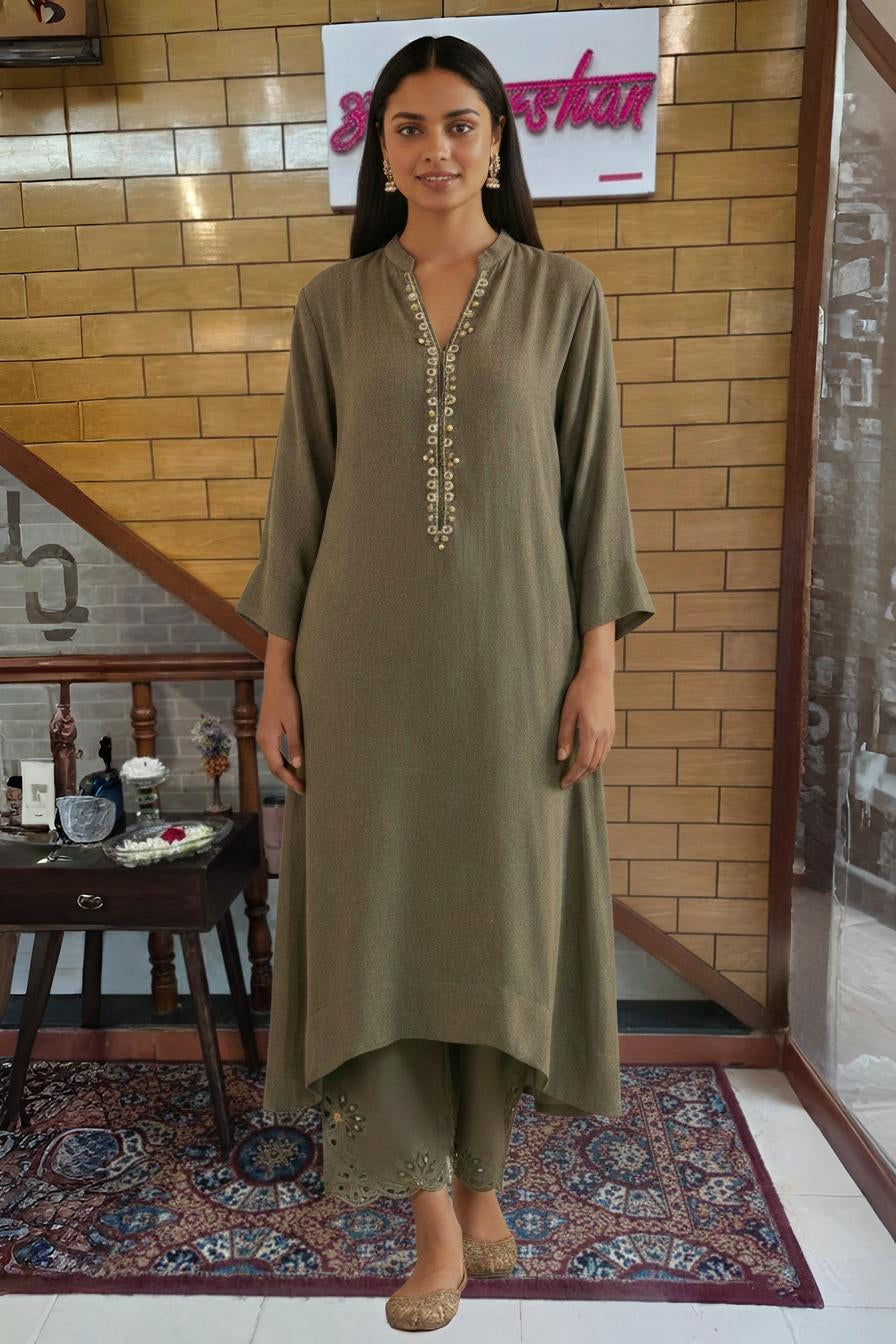 Olive Green Embroidered A-Line Kurta with Cutwork Pants Set