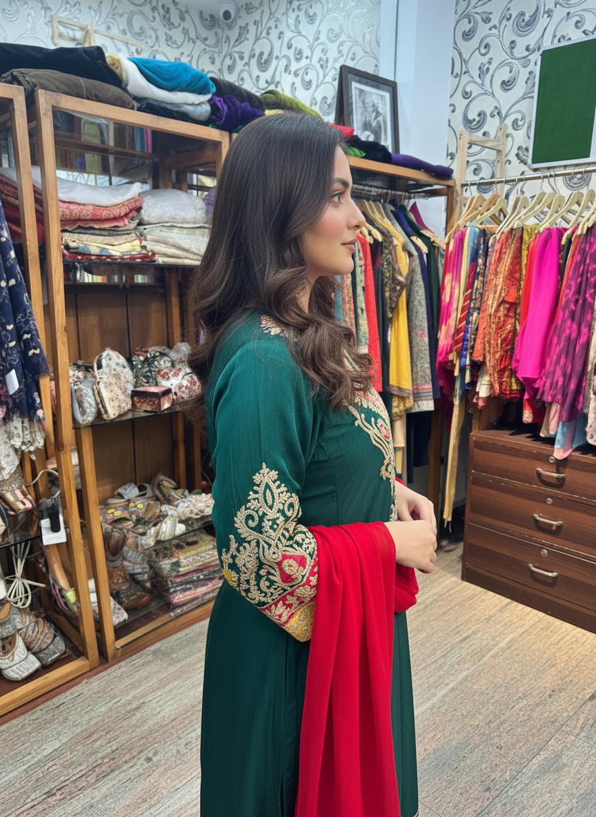 Regal Emerald Green Silk Dress with Intricate Gold Aari Work