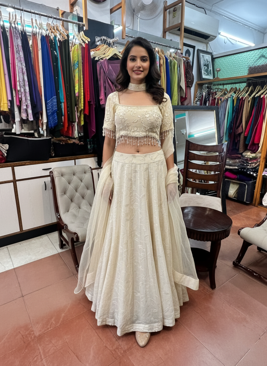 Embroidered Georgette Skirt & Blouse Set with Contrast Ban Dupatta