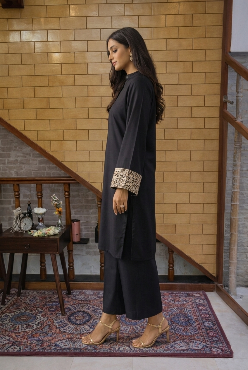 Modern Black Twin Set with Contrast Patterned Sleeves