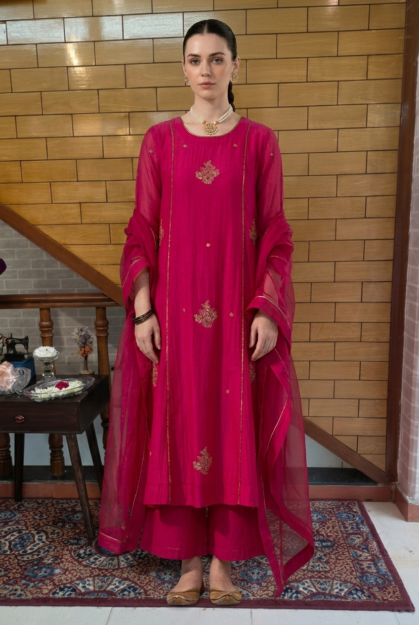 Majestic Pink Ethnic Wear Set with Organza Dupatta