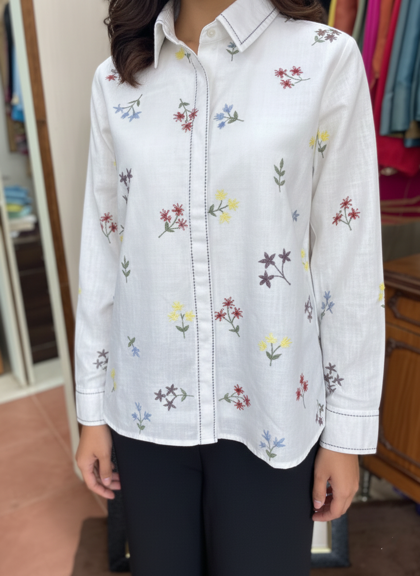 Cotton Linen Shirt with Elegant Resham Thread Work