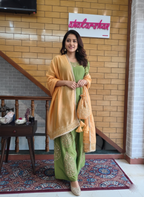 Regal Green & Gold Silk Tissue Zari-Zardozi Embroidered Palazzo Suit with Dupatta