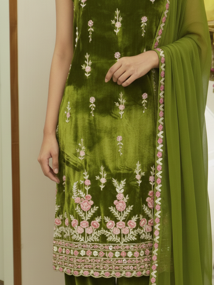 Regal Silk Velvet Patiala Suit with Resham and Bead Handwork