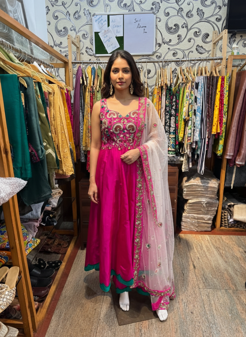 Silk Anarkali Suit with Zardozi and Stone Embellishment