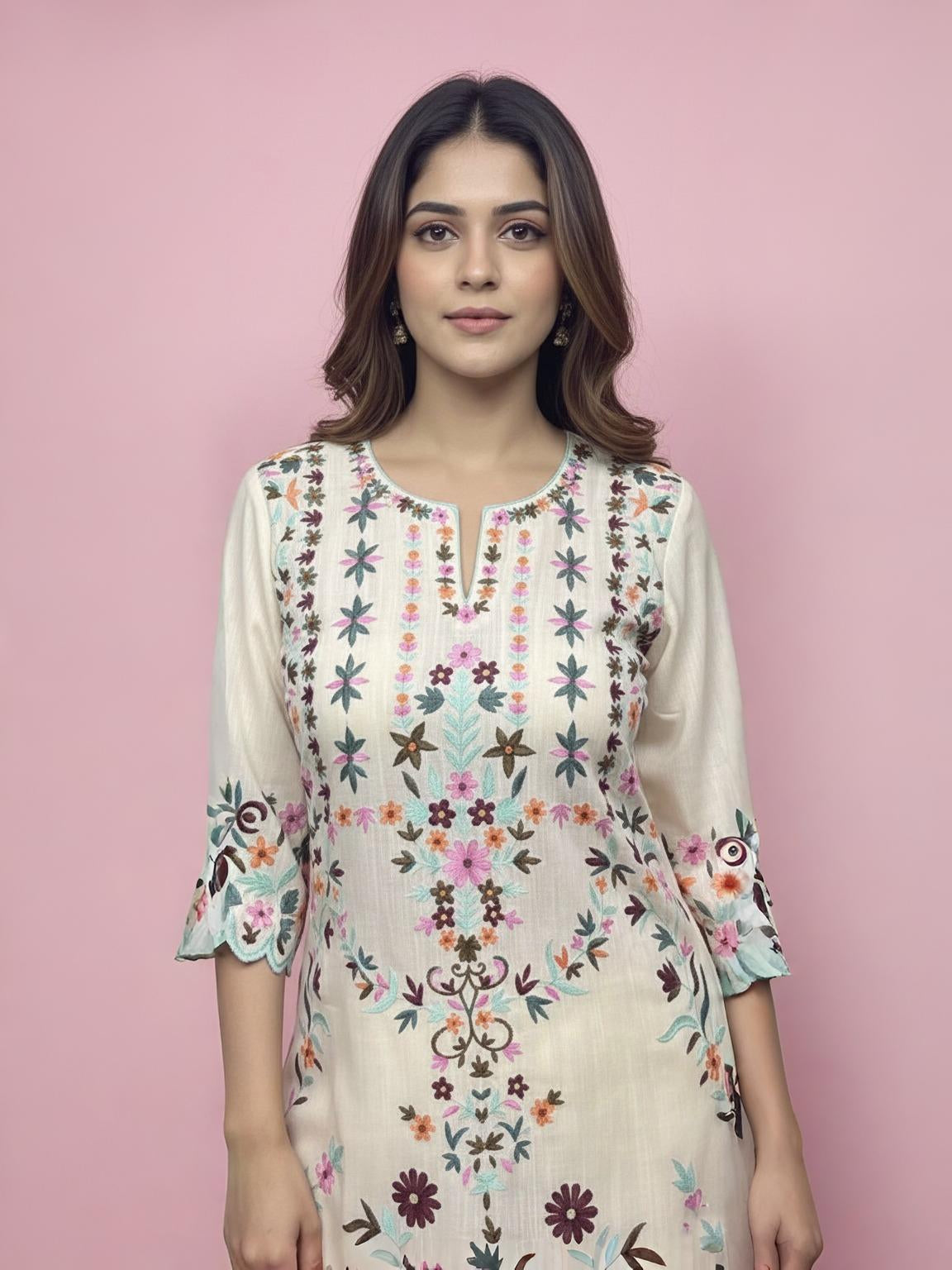 Handcrafted Cotton Aari Work Suit Set with Floral Embroidery