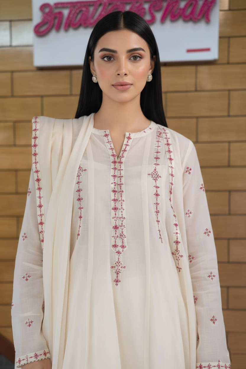 Anarkali Kurta Set with Delicate Pink Thread Embroidery