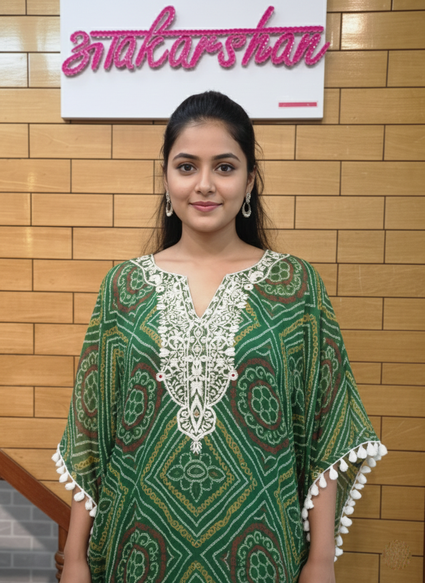 Emerald Bandhani Kaftan Set with Resham & Patra Work