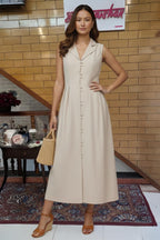 Beige Sleeveless Collared Button-Front A-Line Midi Dress