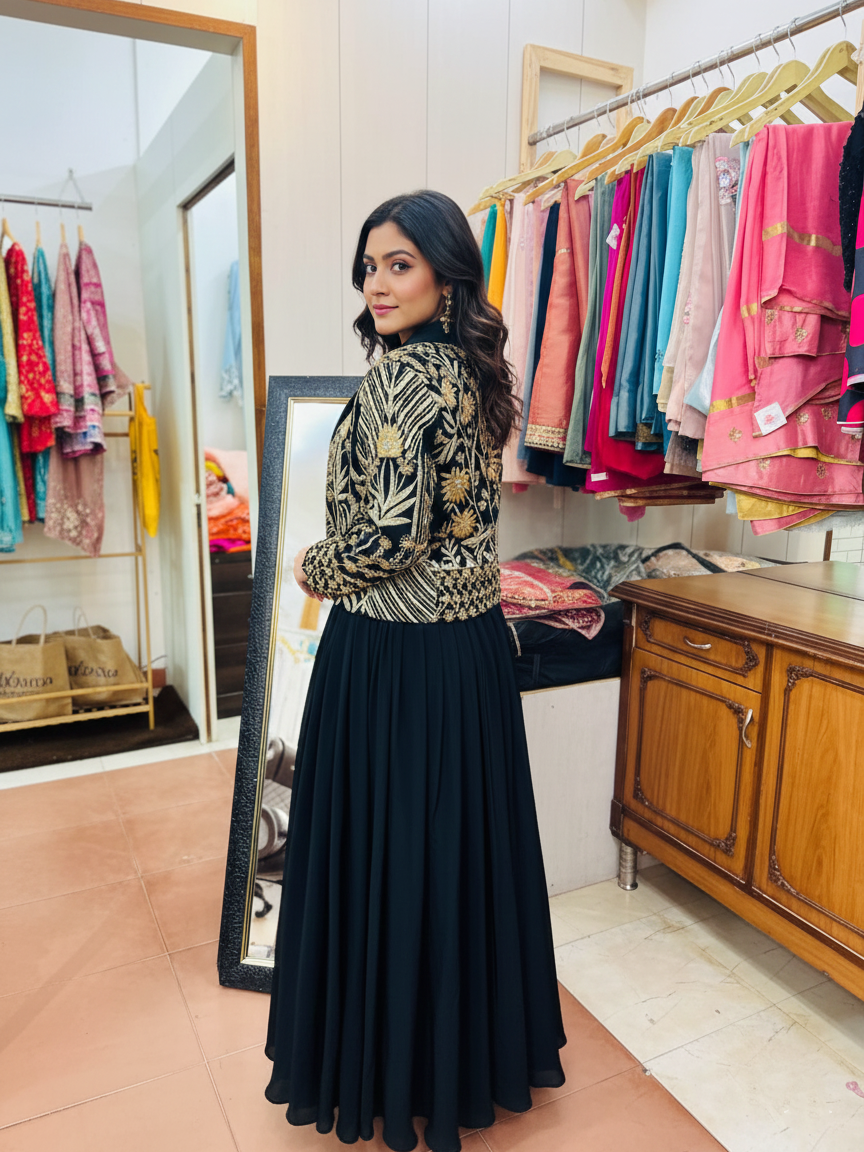 Statement Crepe Draped Skirt Suit with Shimmering Zari and Cutdana Detailing