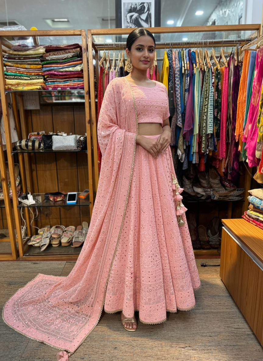 Pink Chikan Kari Georgette Lehenga Set