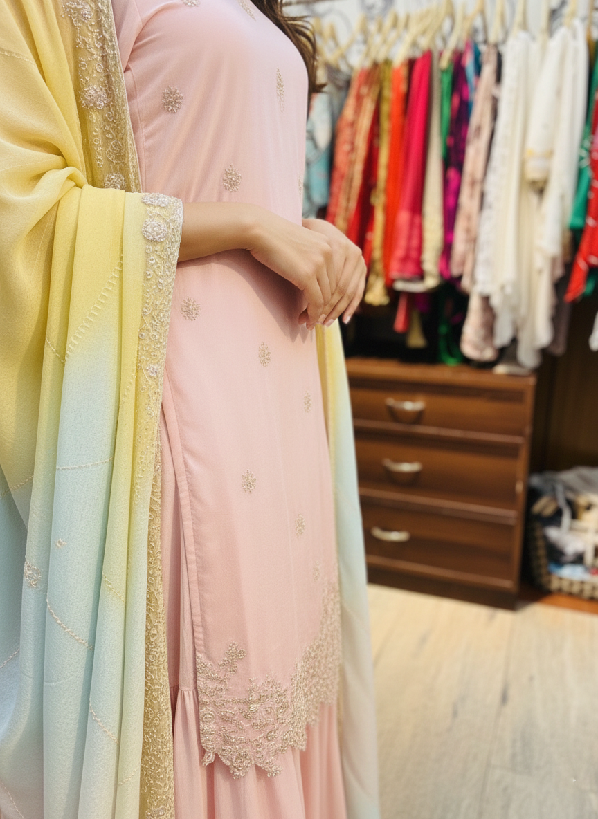 Blush Pink Crepe Zardozi Embroidered Sharara Suit with Pastel Organza Dupatta